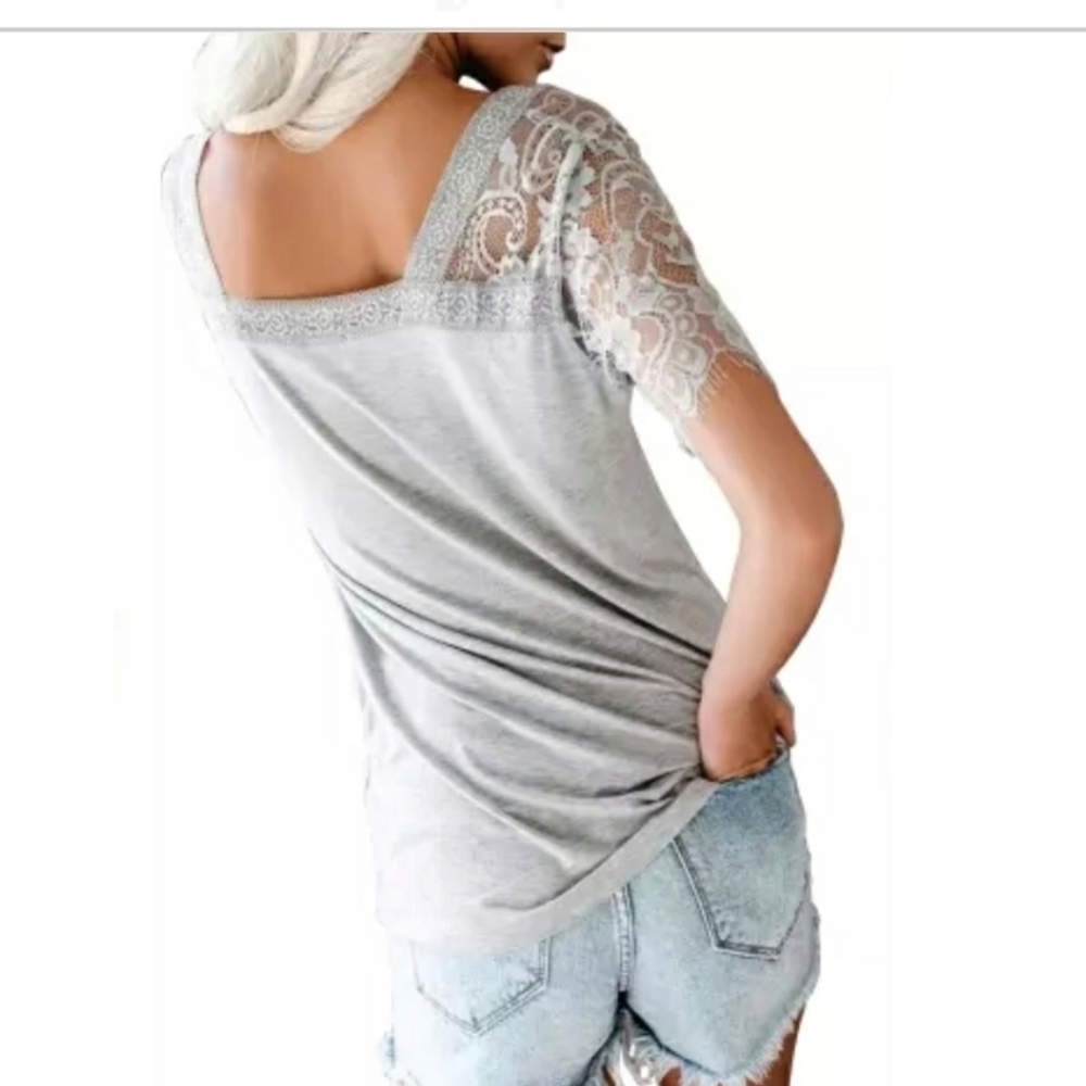 ANGEL Wings Gypsy Grey Lace Sleeve V Neck Tee NWT - Picture 4 of 10